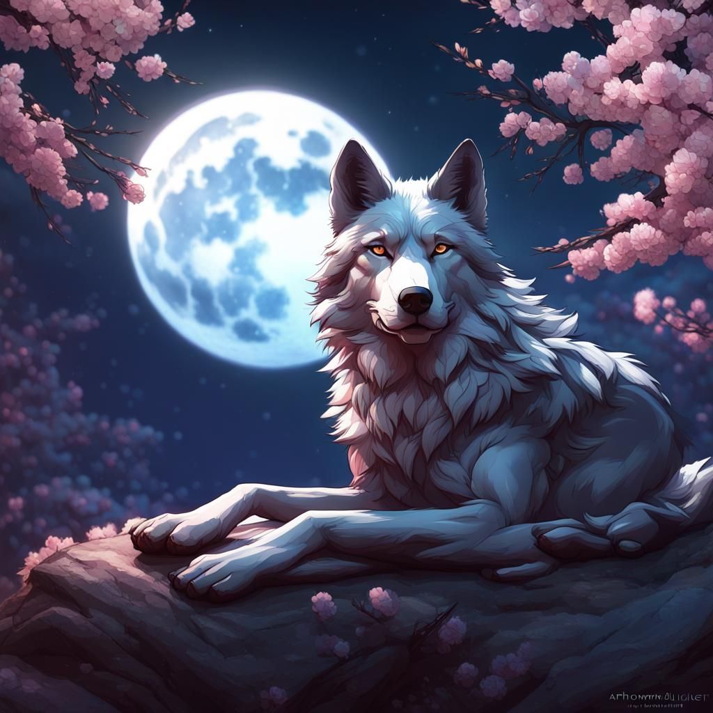 Wolf Under Cherry Tree at Night