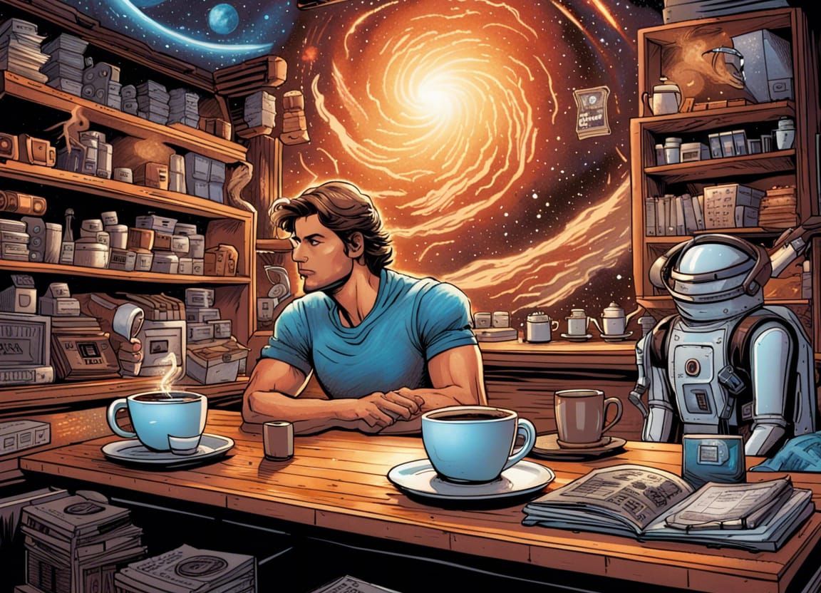 Galactic Coffee Shop in Comic Book Style