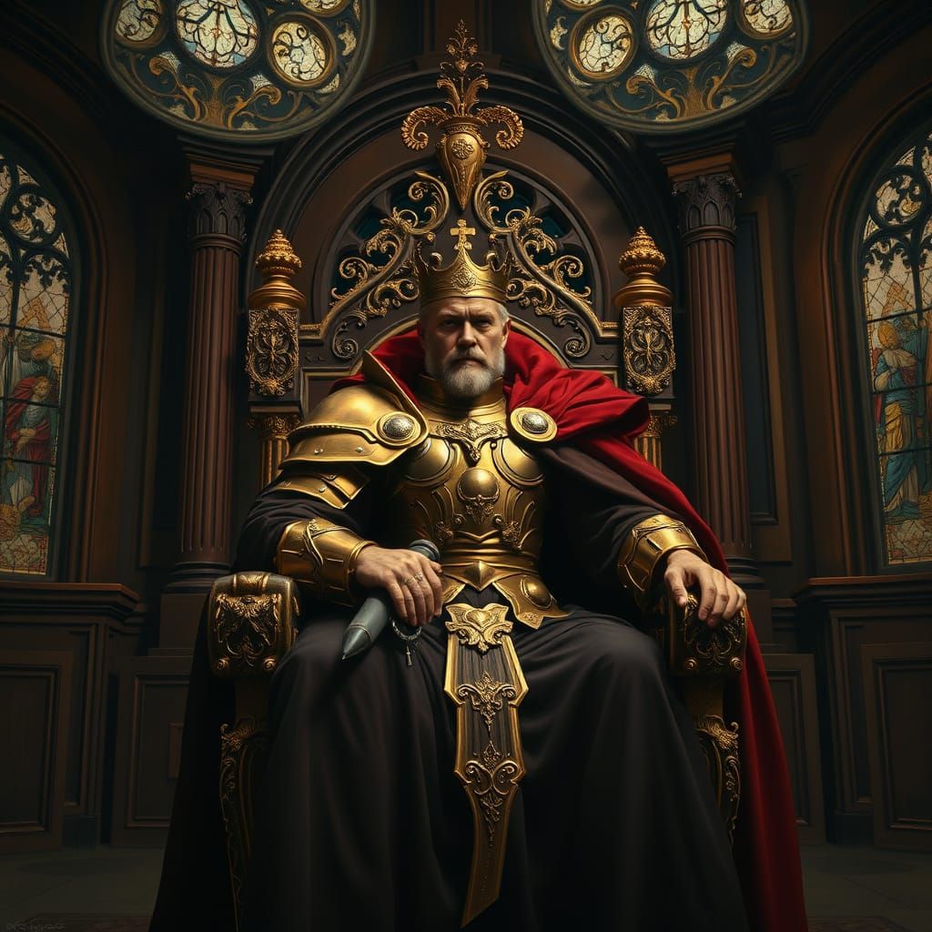 Regal King Sitting on Throne in Dramatic Lighting