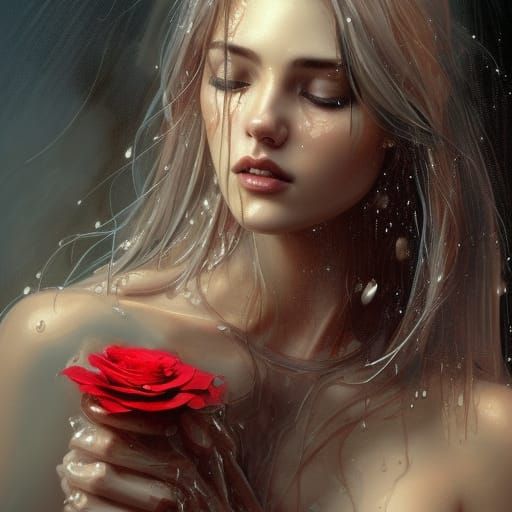 Wet Woman with Rose: Hyperdetailed Digital Portrait