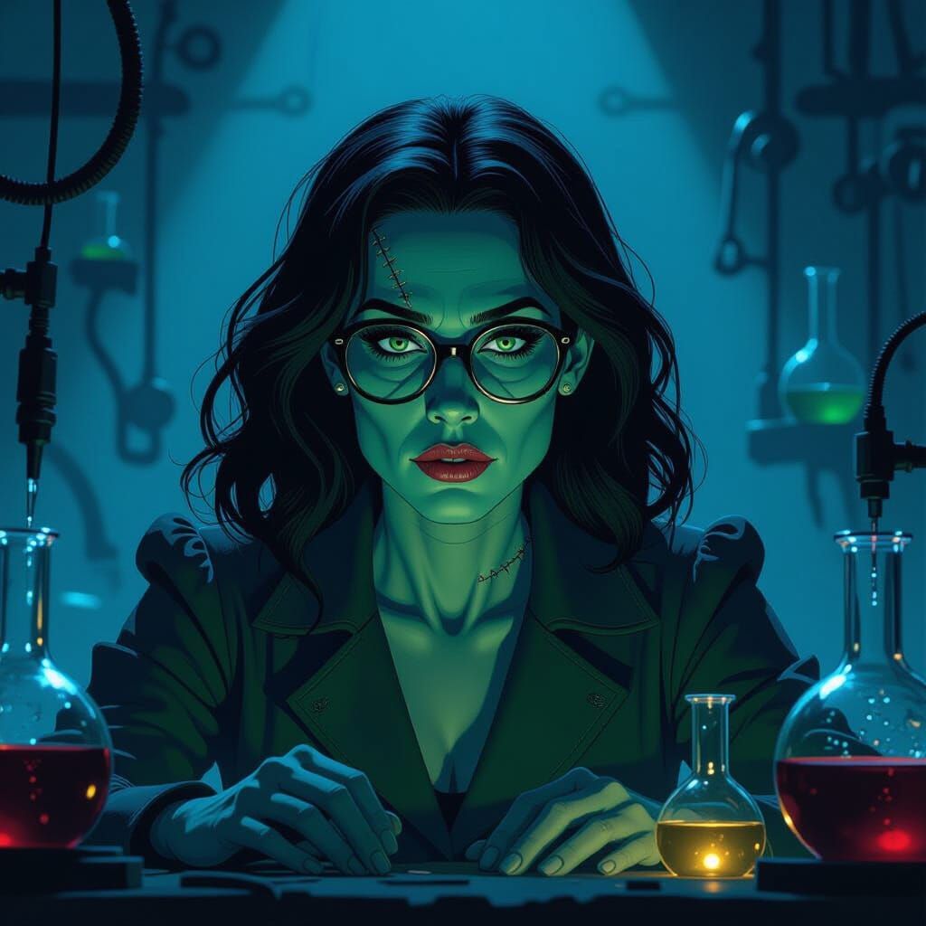 Curious Frankenstein's Monster Woman in Lab