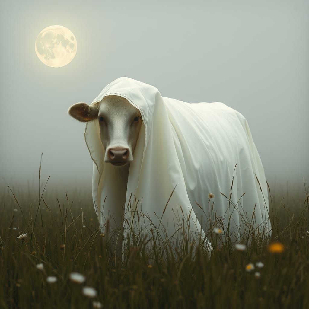 Ethereal Ghost Cow in Moonlit Meadow