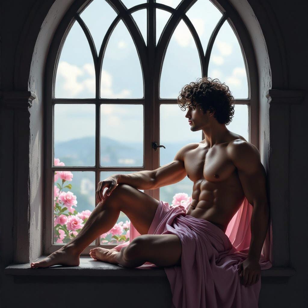 Contemplative Man by Gothic Window, Oil Painting Style