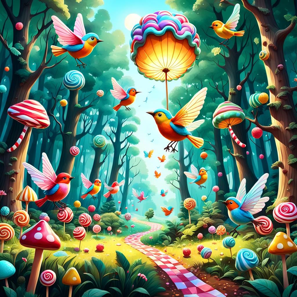 Whimsical Forest Scene with Fairies in Candy Art Style