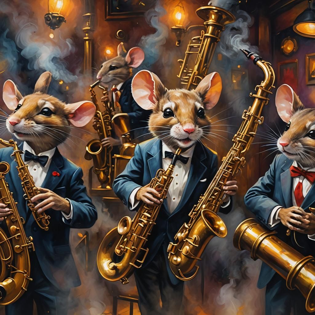 Mice Play Saxophone in Smoky Jazz Club Oil Painting