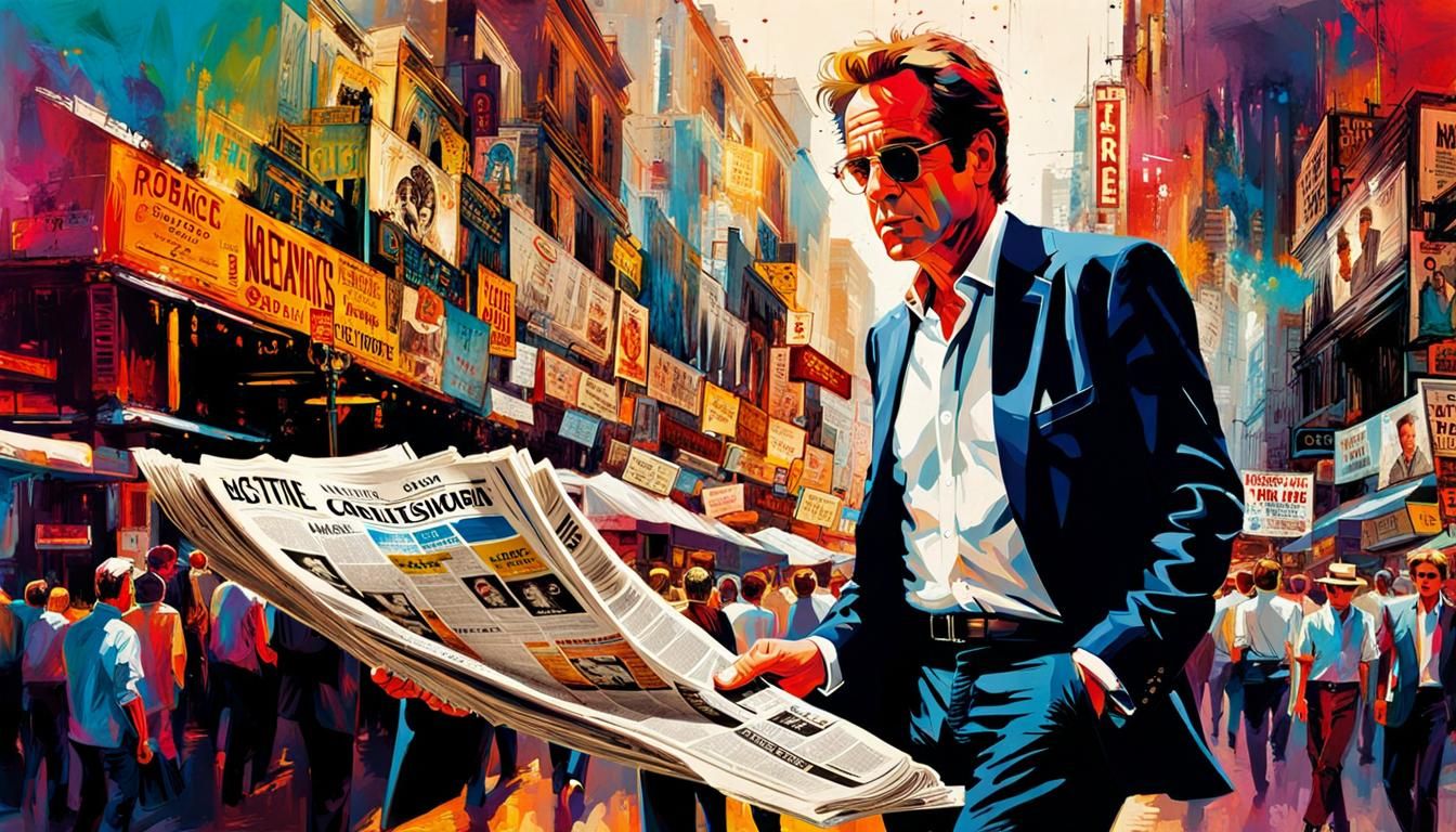 Vibrant Newspaper Illustration with Dramatic Lighting