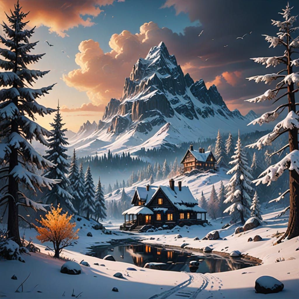 Dreamlike Winter Sunset in Digital Watercolor Style