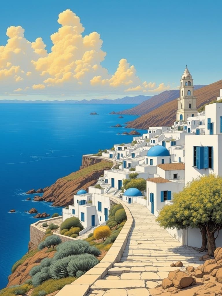 Greek Town by the Aegean Sea in Impressionist Style