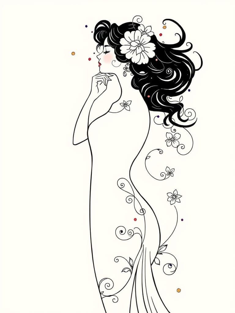 Elegant Art Nouveau-Inspired Woman in Minimalist Line Drawin...