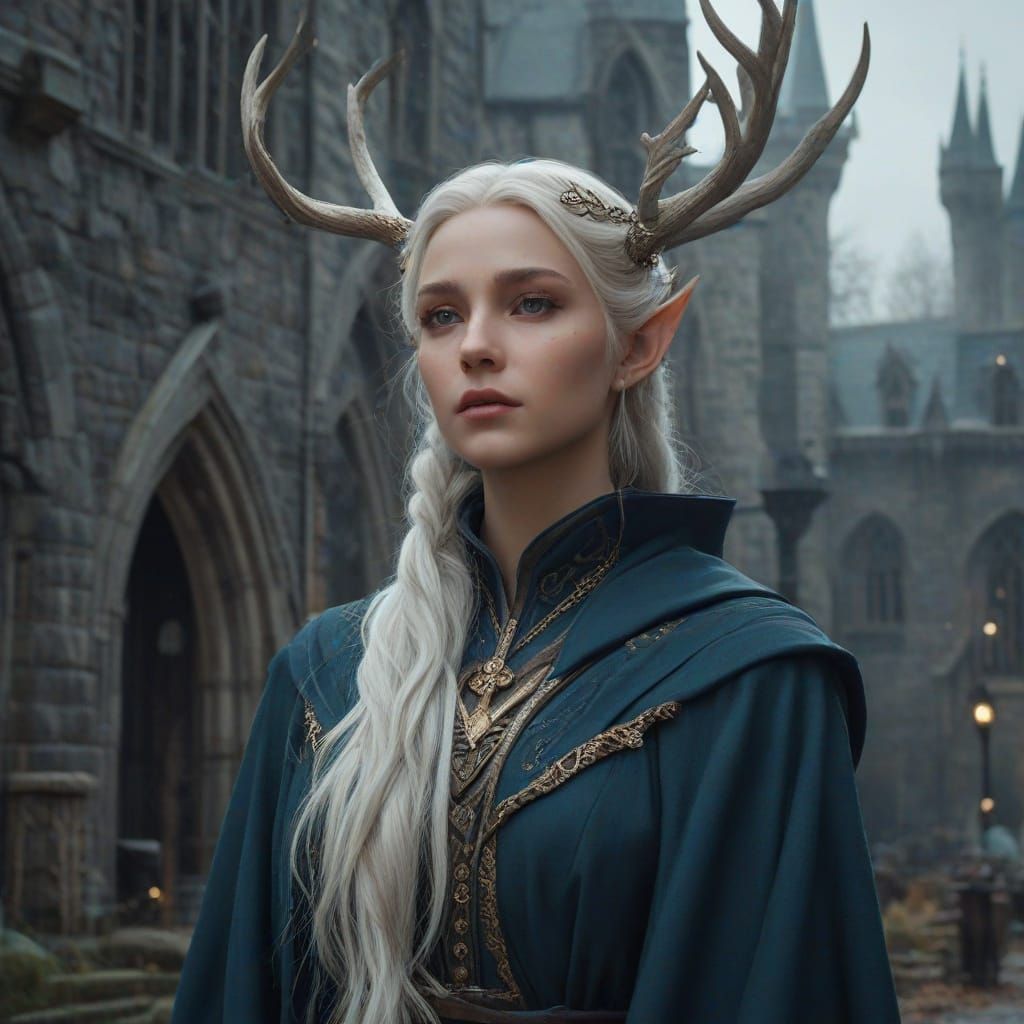 Regal Female Elf in Hogwarts Courtyard