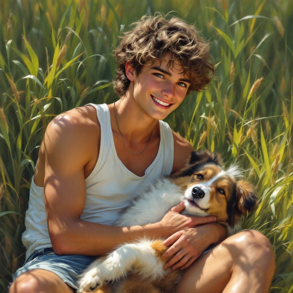 Youthful Boy Gently Petting His Collie in a Vibrant Afternoo...