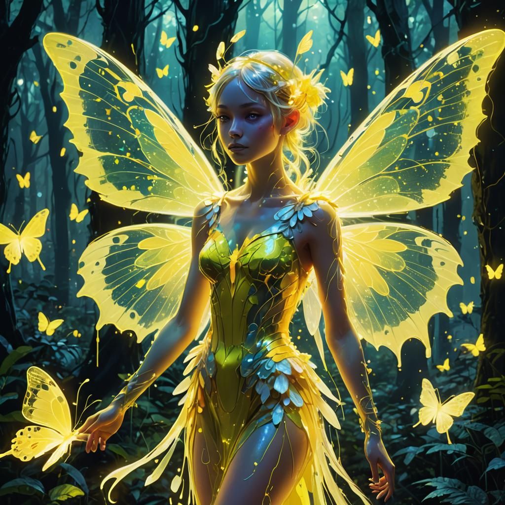 Yellow Fairy in Luminous Neon Fauvist Forest