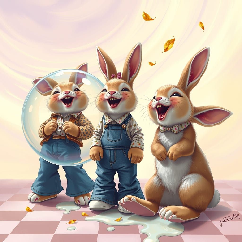 Anthropomorphic Bunnies Laughing in Surreal Pastel Scene