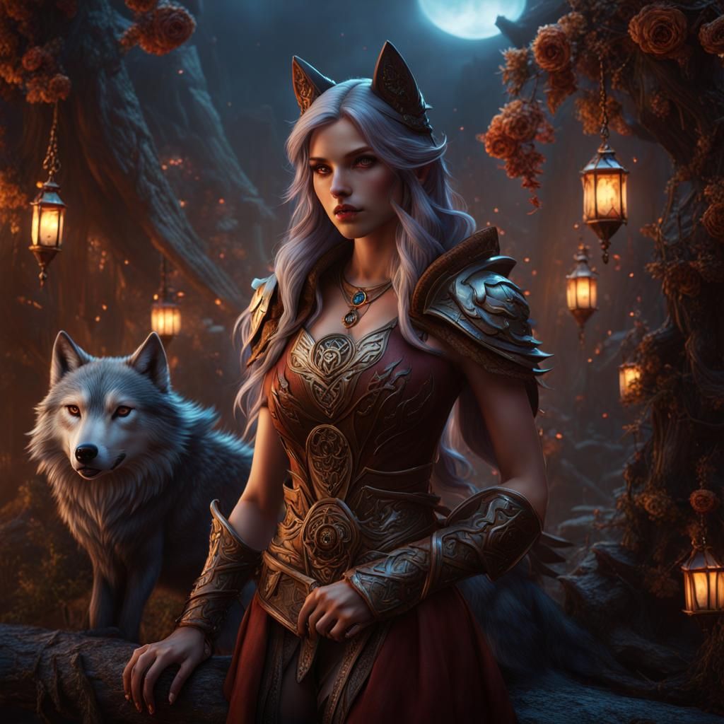 Fantastical Wolf Girl in Detailed Matte Painting