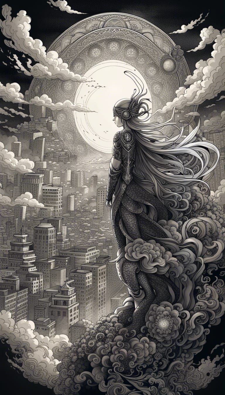 Guardian Spirit Watches Over City in Detailed Ink Painting