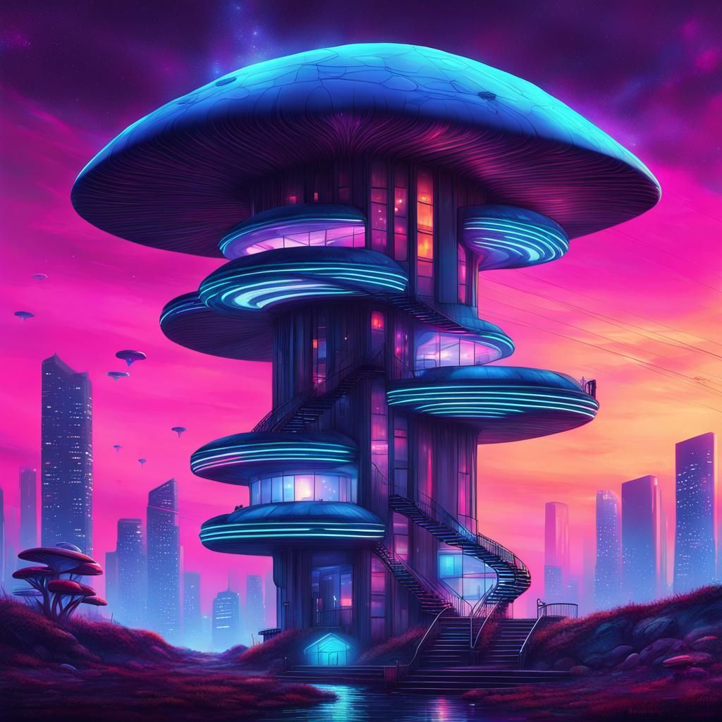 Futuristic Mushroom Skyscraper Home in Cyberpunk Style