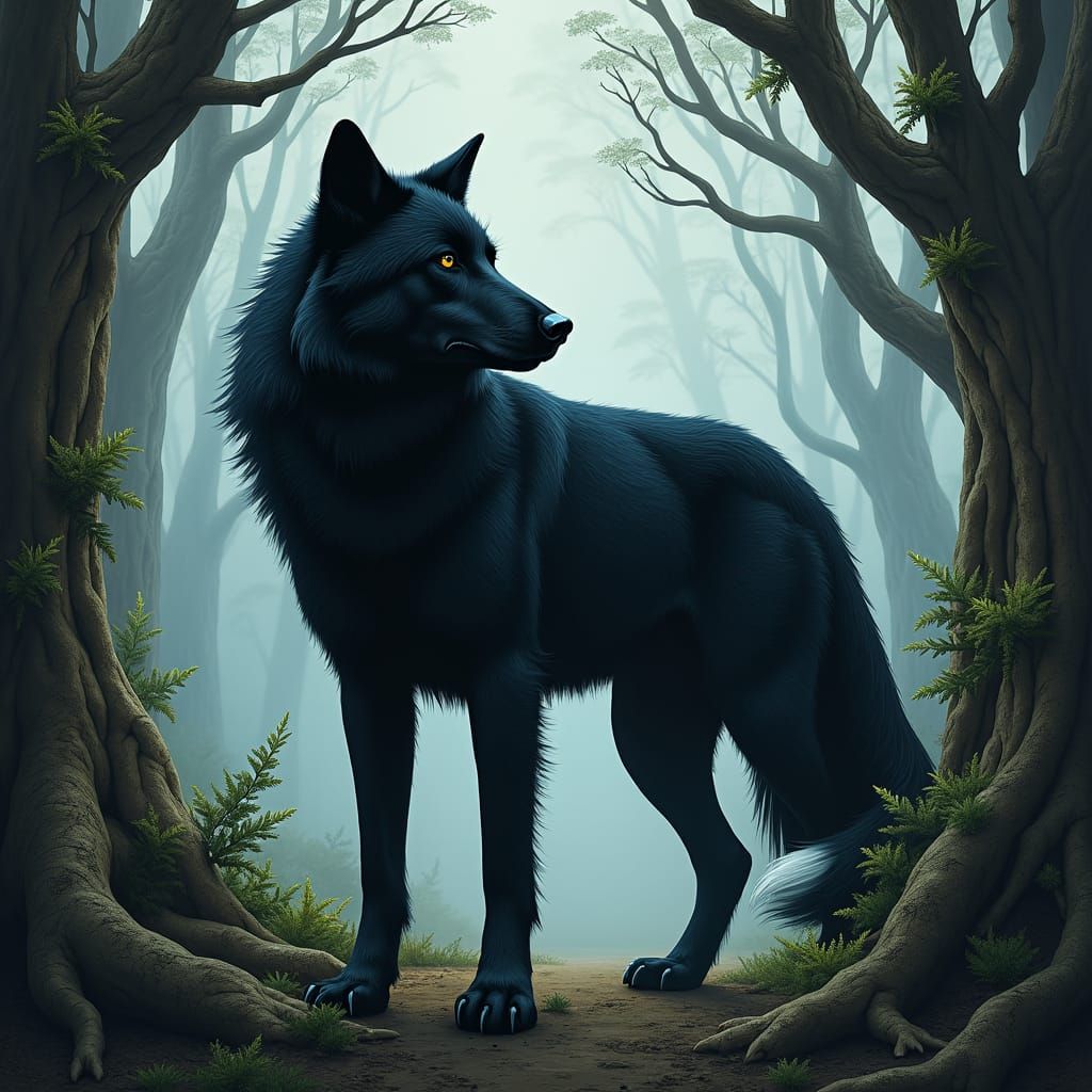 Majestic Black Wolf in Mystical Forest