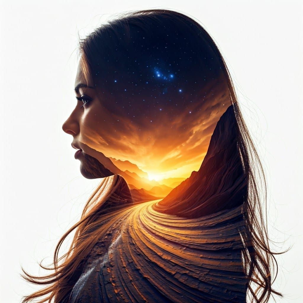 Dreamy Surreal Landscape with Silhouette of Elegant Woman