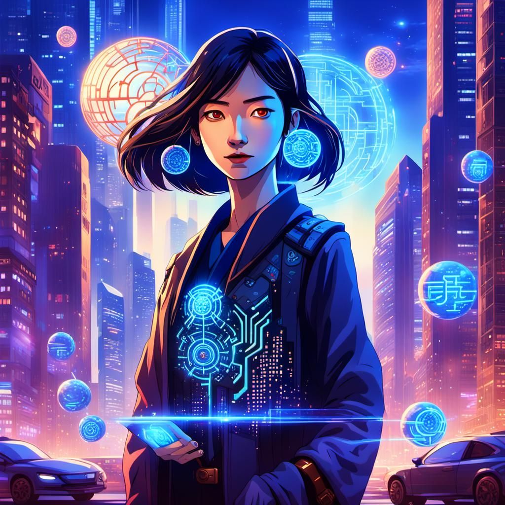 Cyberpunk Woman with Briefcase in Futuristic Cityscape