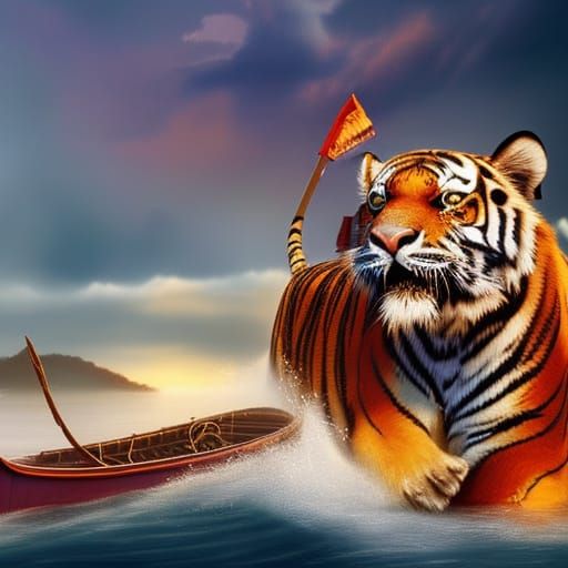 Tiger and Human on Boat: Detailed Matte Painting