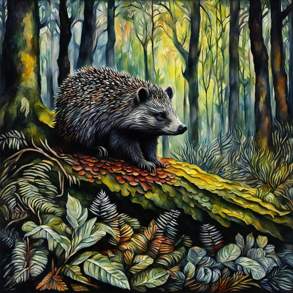 Sunlit Forest with Hedgehogs in Gouache Style