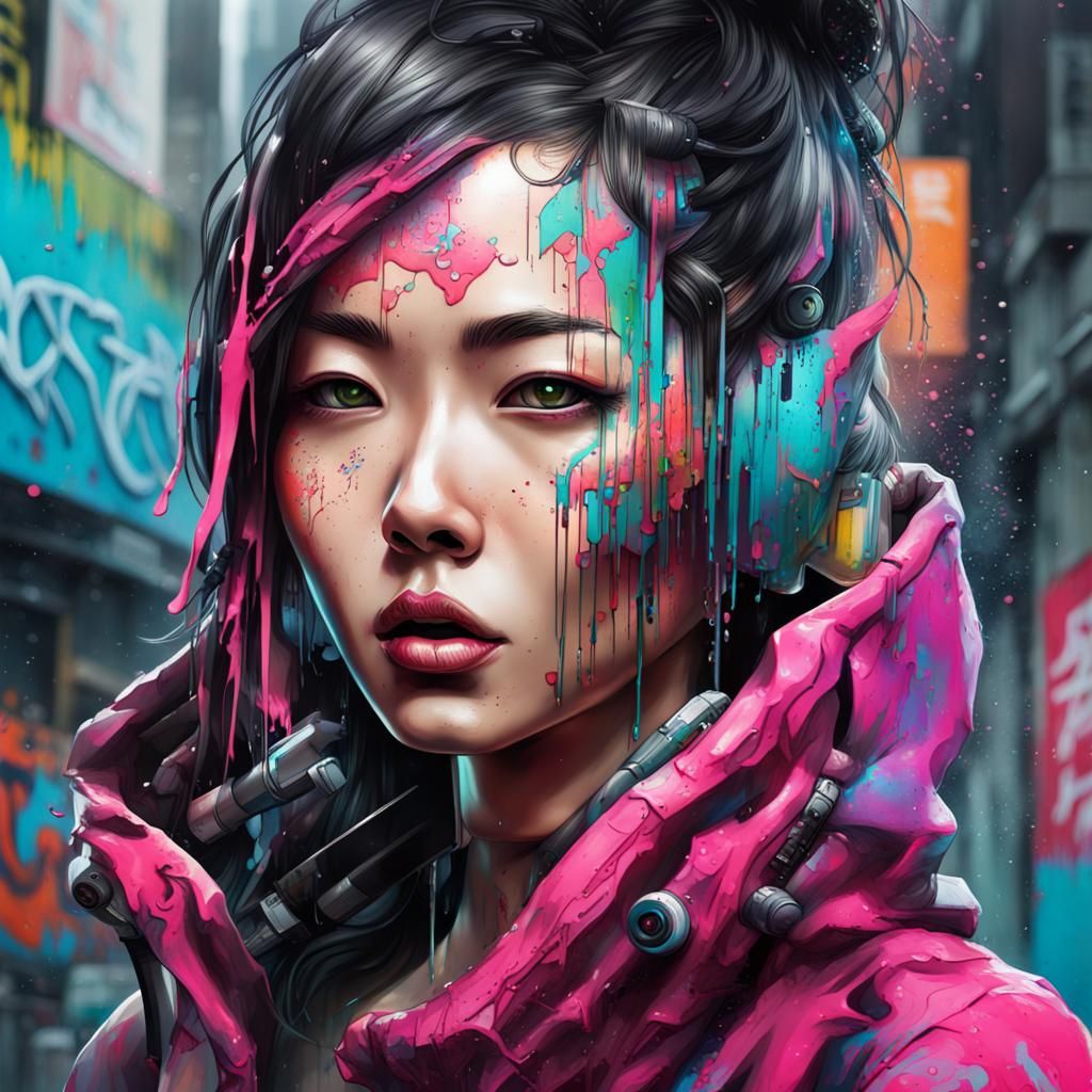 Cyberpunk Asian Woman Portrait in Graffiti Style