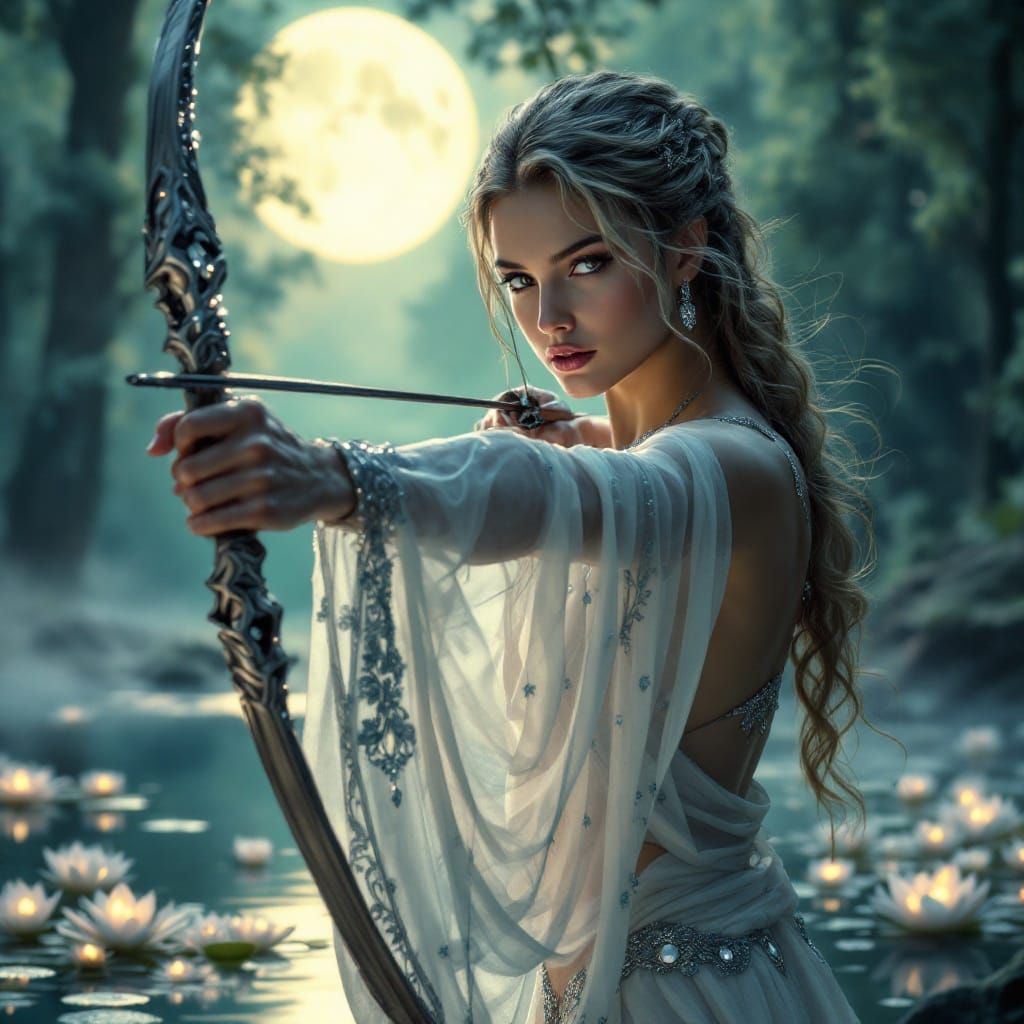 Artemis, Goddess of the Hunt, in Moonlit Forest