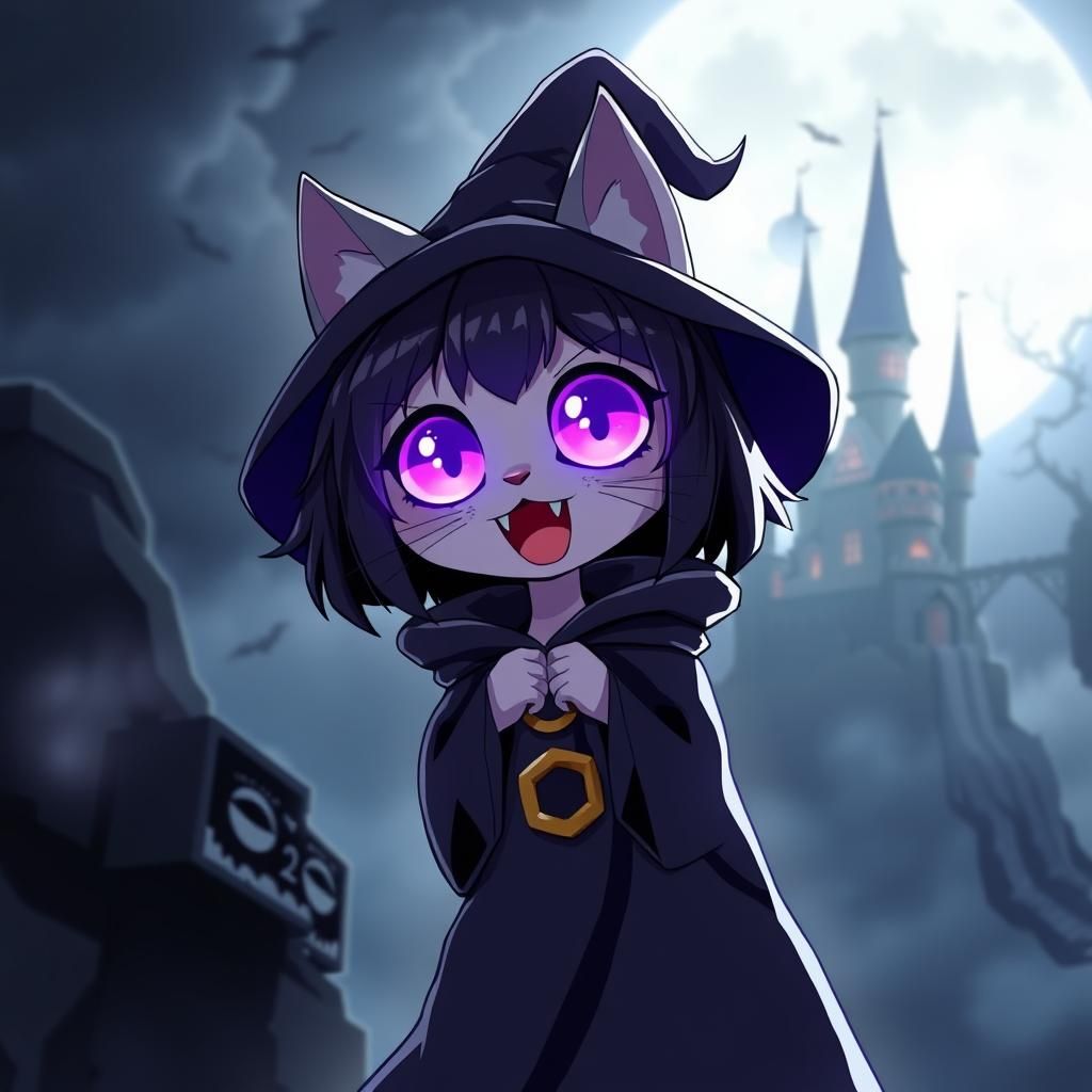 Anime Catgirl Wizard in Spooky Castle