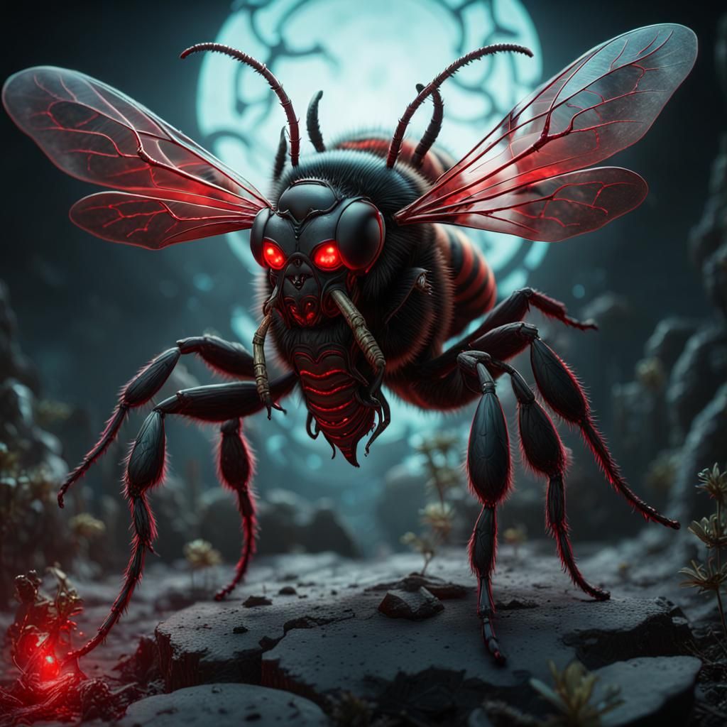 Bioluminescent Demonic Killer Bee in Black and Red