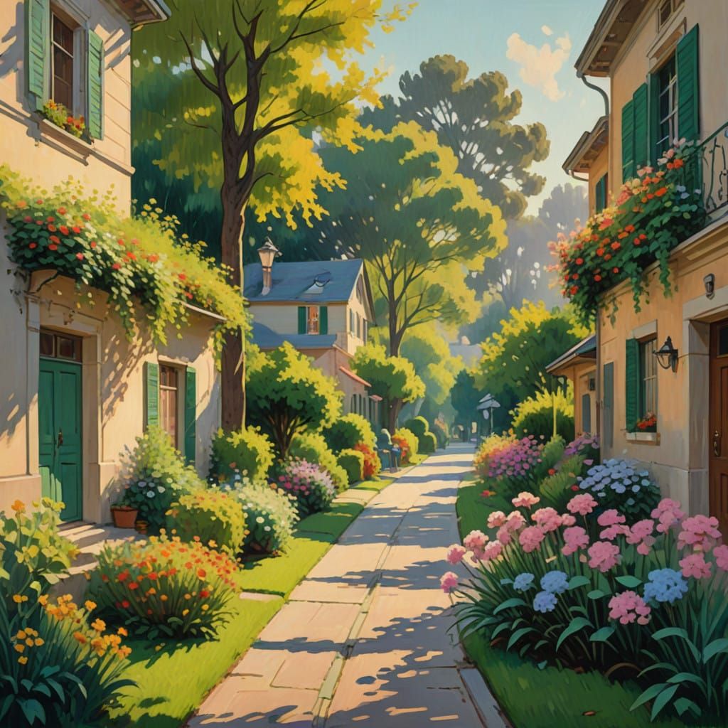 Serene Impressionist Neighborhood Scene with Gentle Morning...
