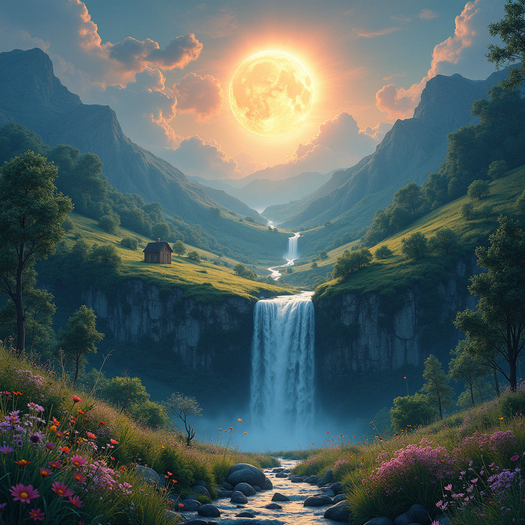 Ethereal Moonlit Waterfall in Dreamlike Landscape
