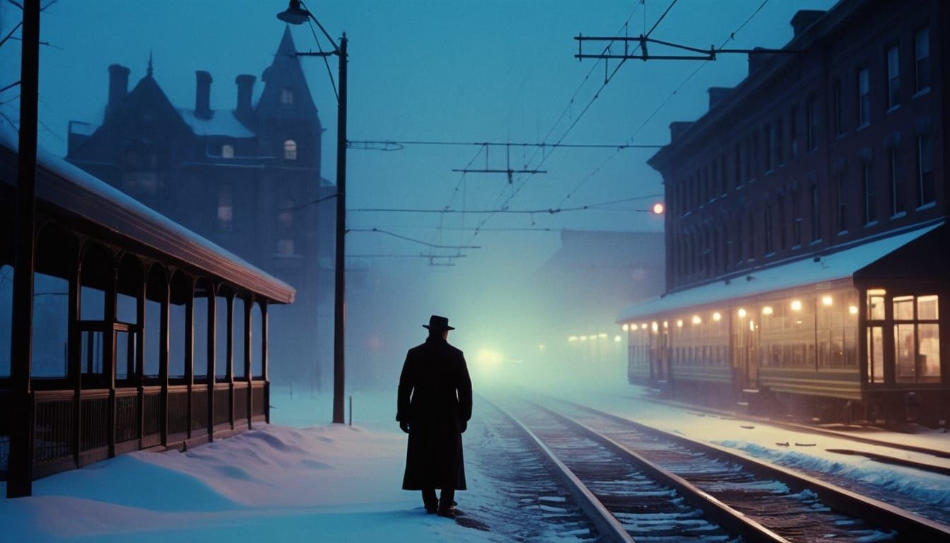 Ethereal Abandoned Train Station in Snowy Night Landscape
