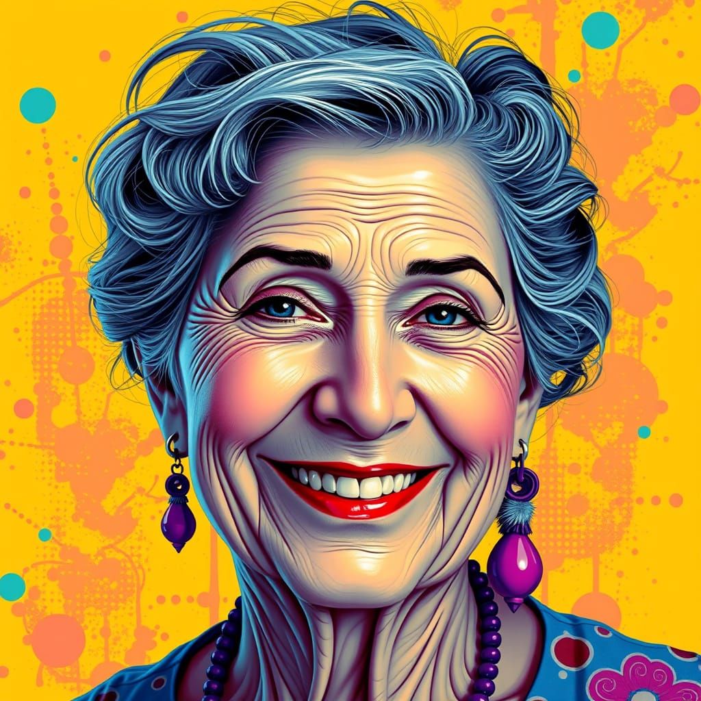 Smiling Grandma Portrait in Retro Pop Art Style
