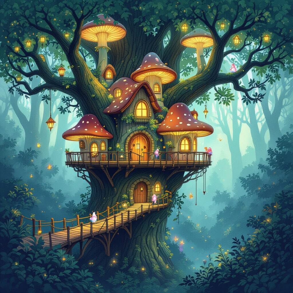 Whimsical Treehouse Village in Bioluminescent Forest