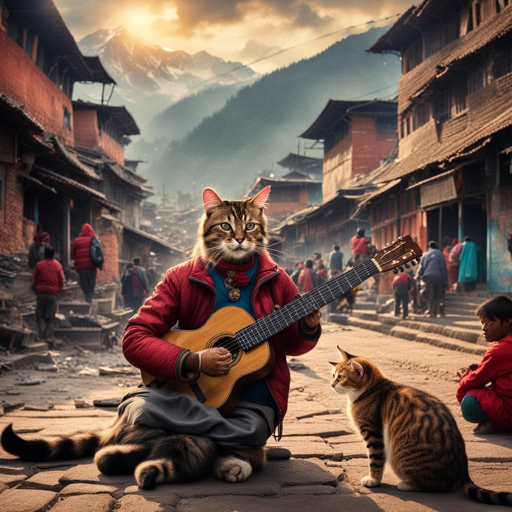 Cat Guitarist Rocks Himalayan City: Digital Matte Painting