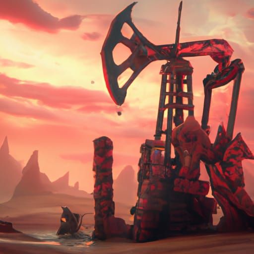 Wasteland Oil Pump Under Red Sky: Matte Painting