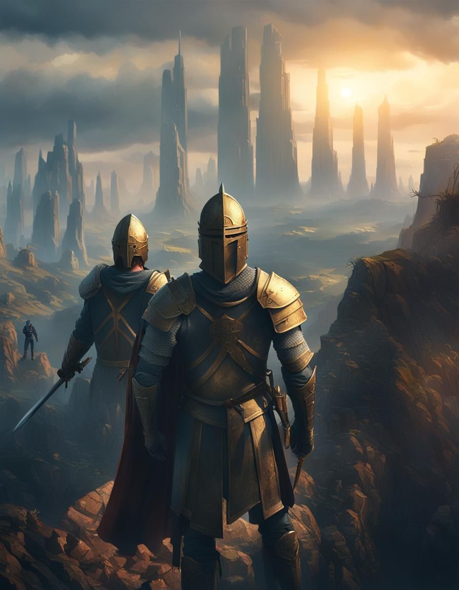 Epic Templar Knight Standing on Rocky Cliff at Golden Hour