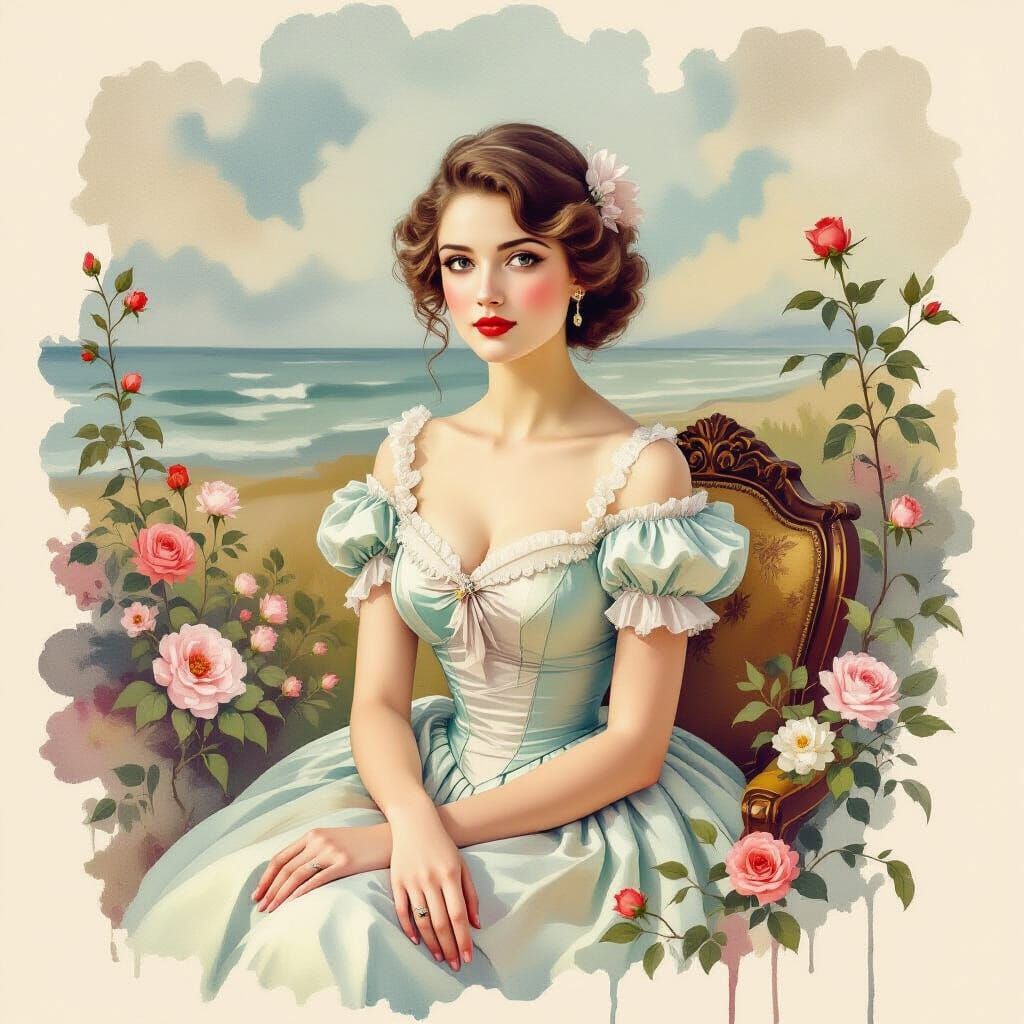 Elegant Woman in Watercolor Collage Dreamscape