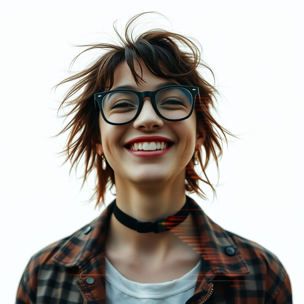 Joyful Double Exposure in Goth Glitch Style