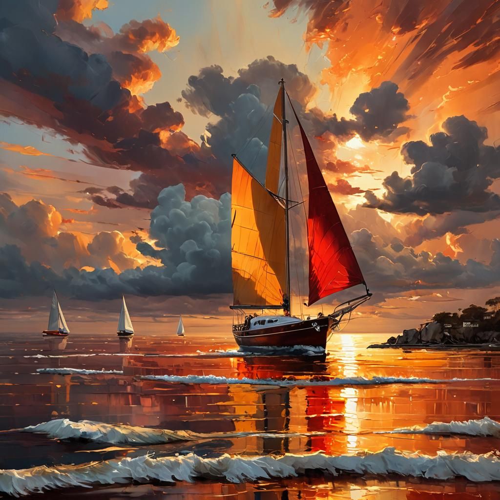 Yacht at Sunset: Romanticist Seascape Painting