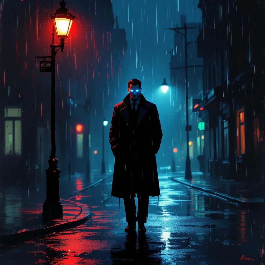 Gangster Film Aura: Man Under Dim Streetlight