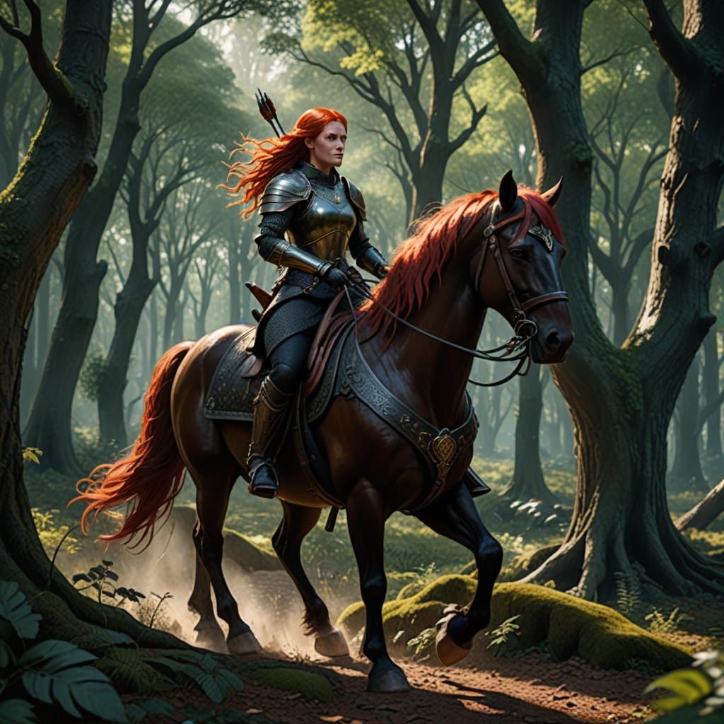 Red Haired Archer on Black Horse in Enchanted Forest