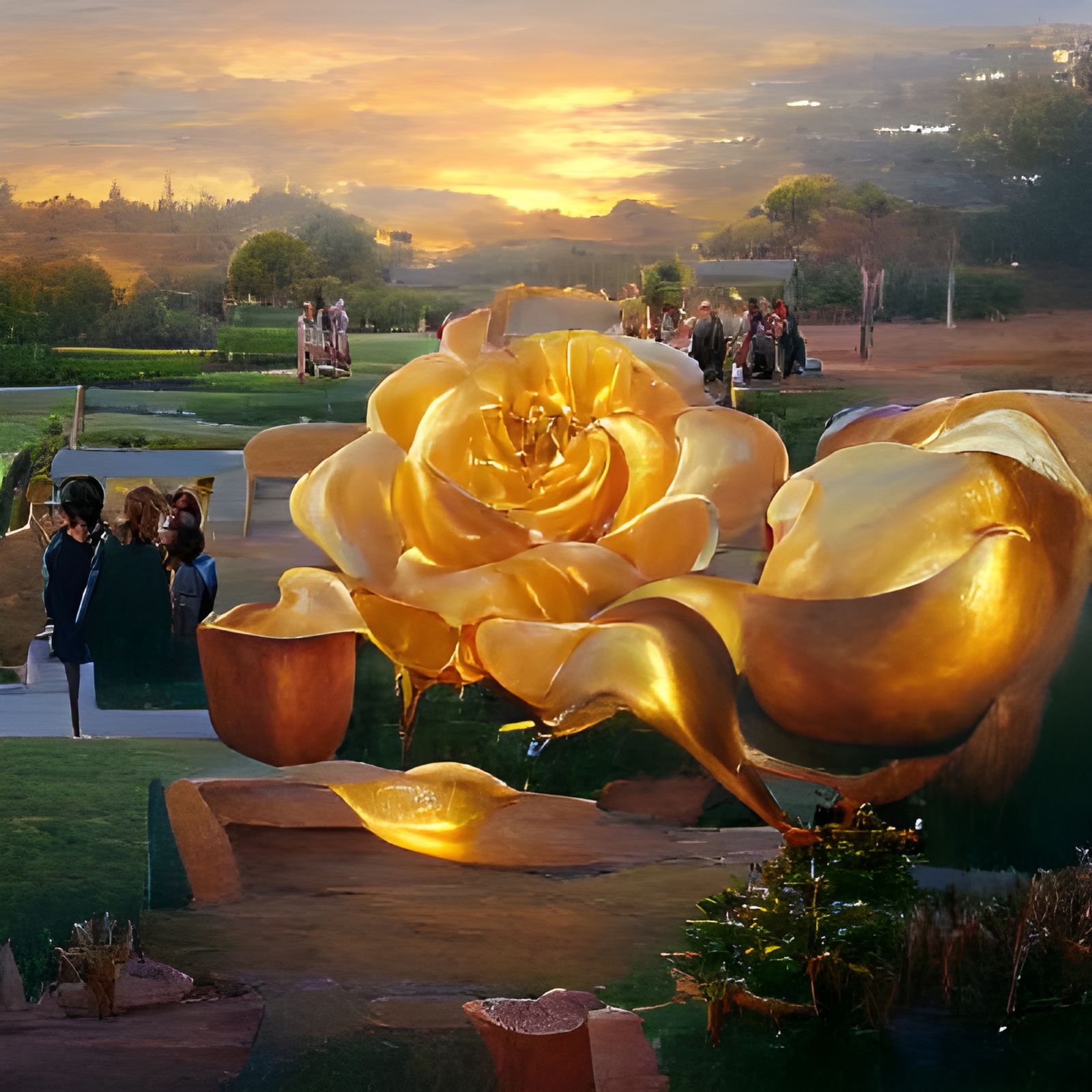 Golden Rose Garden at Sunset: Oil Painting