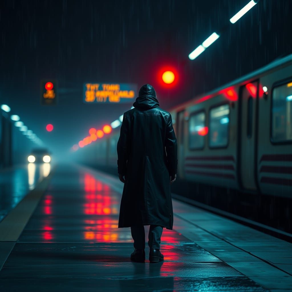 Gloomy Evening Train Station with Lone Figure in Rain