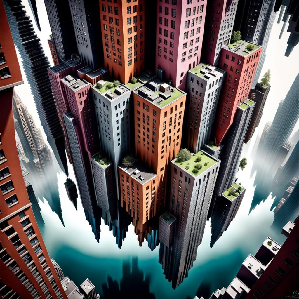Inverted Whimsical Cityscape with Metallic Skyscrapers