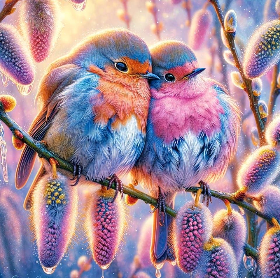 Delicate Watercolour Robins in Blooming Garden