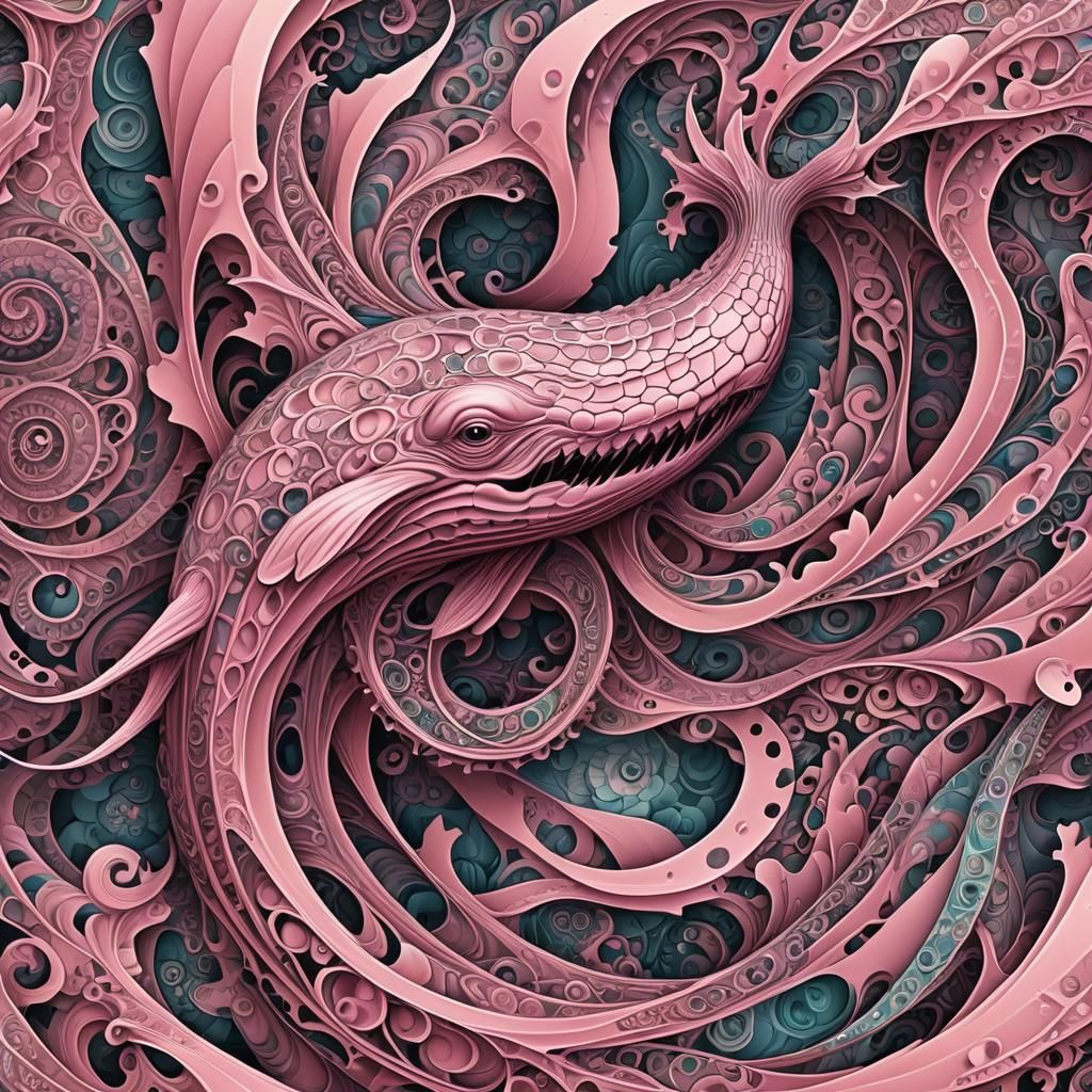 Whale Dragon Emerges from Pink Fractal Wave