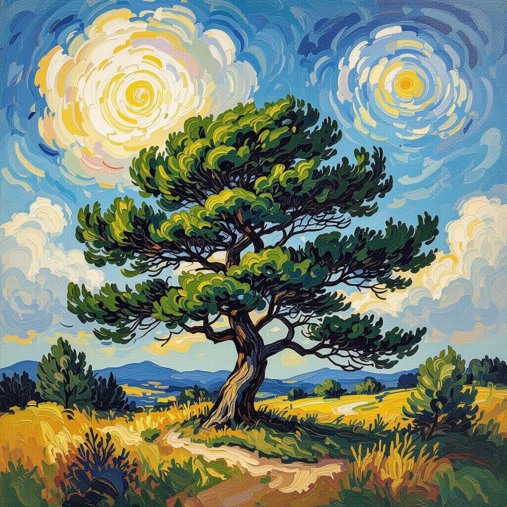 Cypress Tree Painting in Post-Impressionist Style