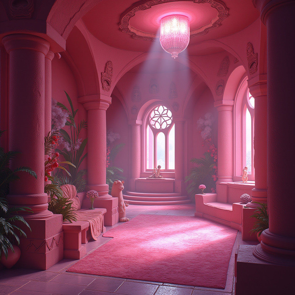 Vibrant Pink Bedroom with Mystical Symbols as Matte Painting