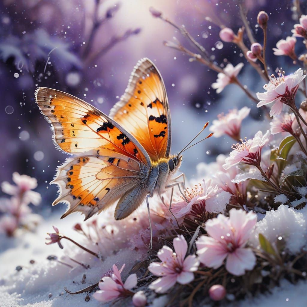 Butterfly on Frosted Flower in Snow